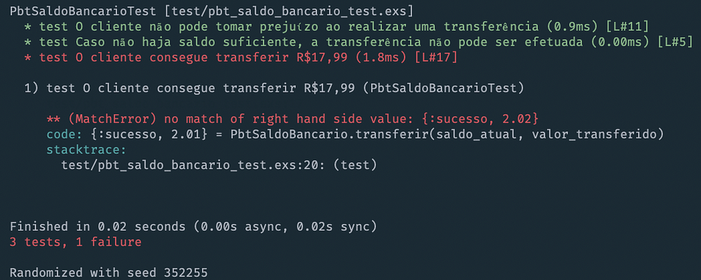 Teste falhando mostrando diferença no saldo